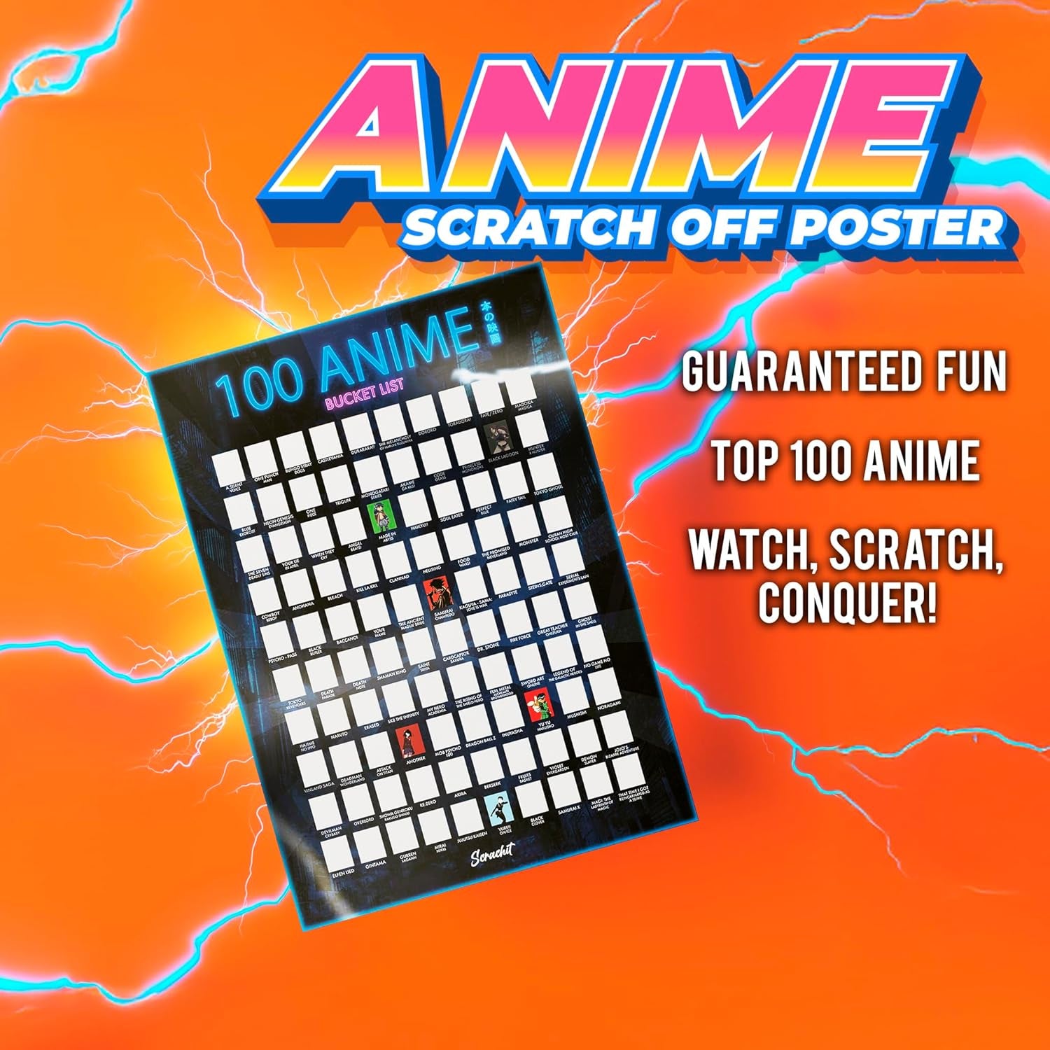 Top 100 Anime Scratch off Poster - 23X17 - Challenge Bucket List Anime Gift - Best Gifts for Anime Lovers