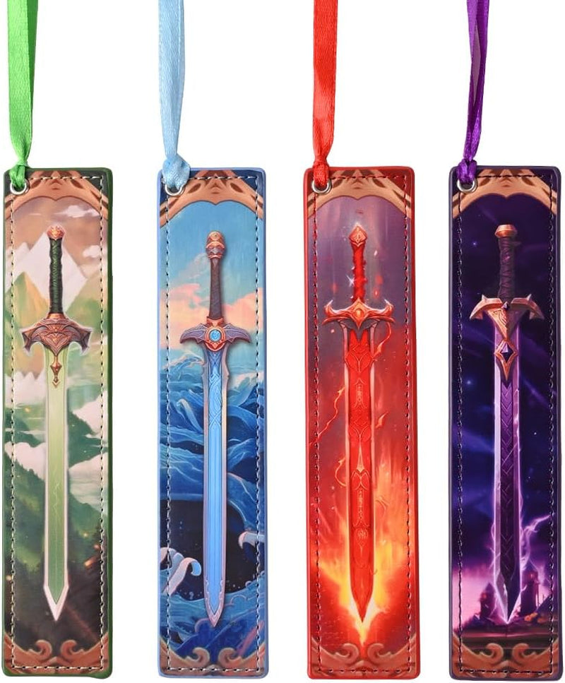 4Pcs Leather Sword Bookmarks for Men, Cool Fantasy Bookmarks Anime Bookmark, Gifts for Book Lovers Men (Sword)